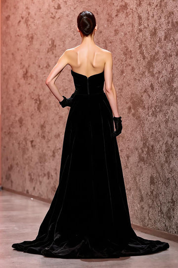 Strapless A-Line Long Black Evening Dress With Slit (Without Gloves)